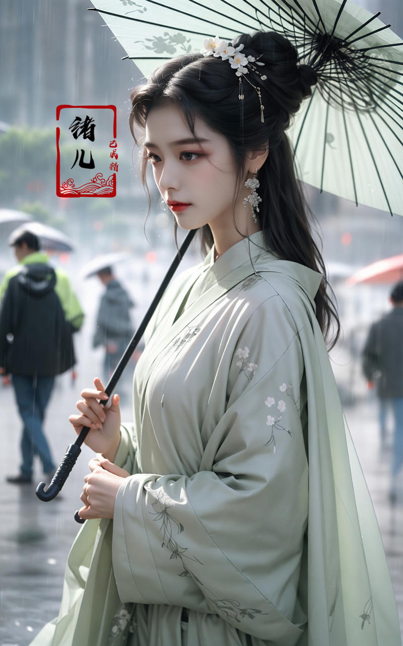 606247209521968566-2404694592-A woman holds a oil-paper umbrella on her shoulder to shelter from the rain as part of a fashion event in the style of Yue Xiaof.jpg